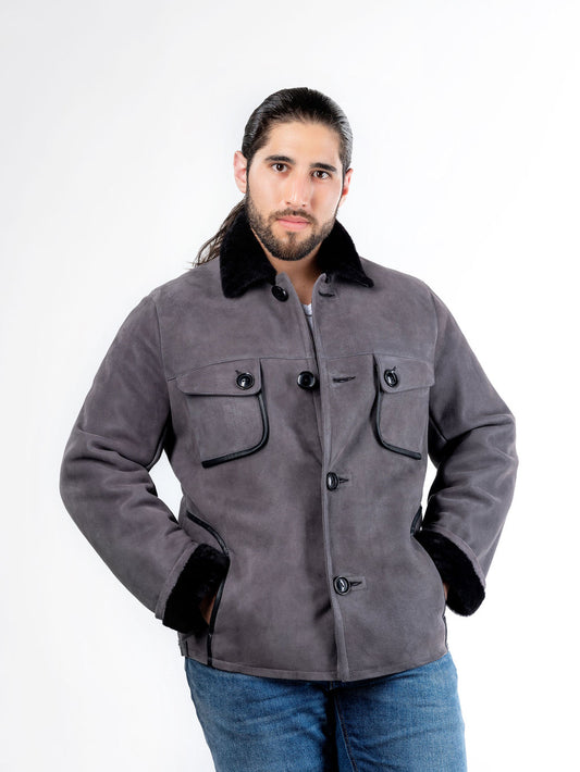 Adrian Sheepskin Military Coat in Grey