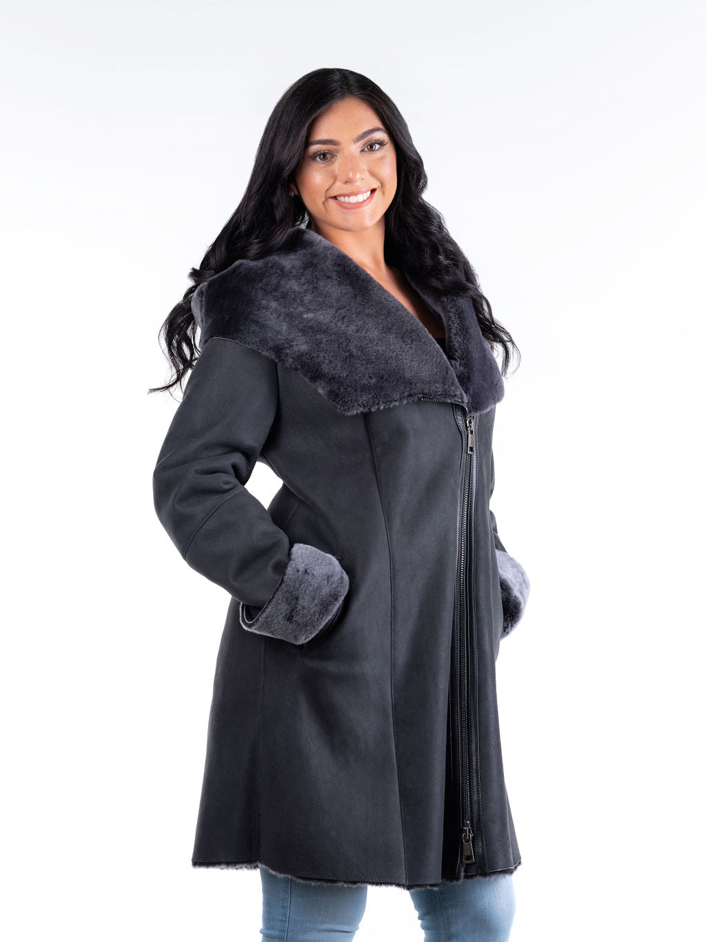 Dorota Hooded Sheepskin Coat in Grey