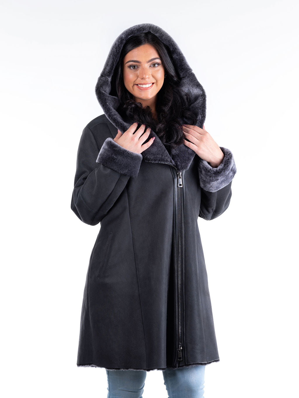 Dorota Hooded Sheepskin Coat in Grey