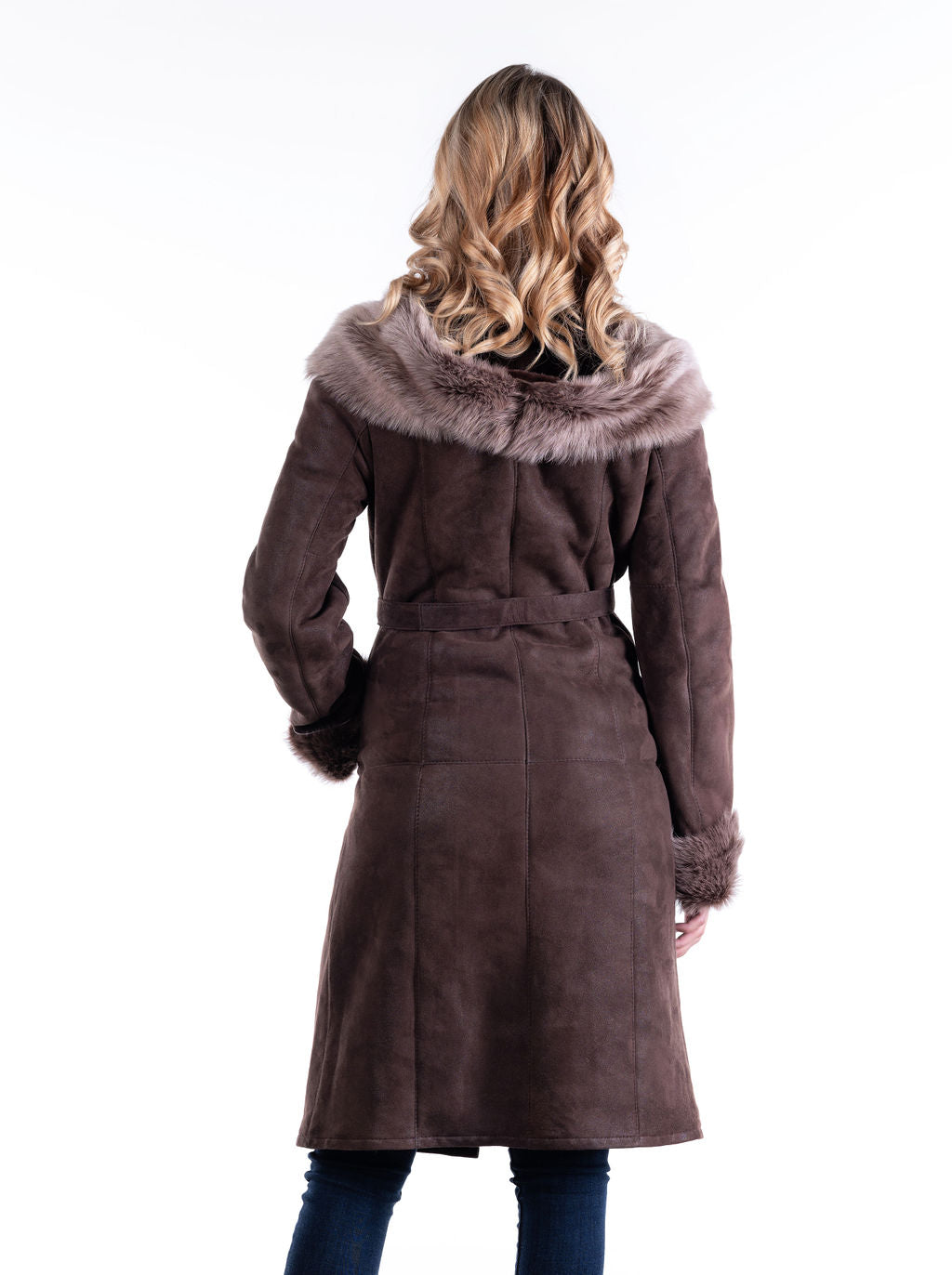 Ewka Hooded Sheepskin Coat in Dark Brown