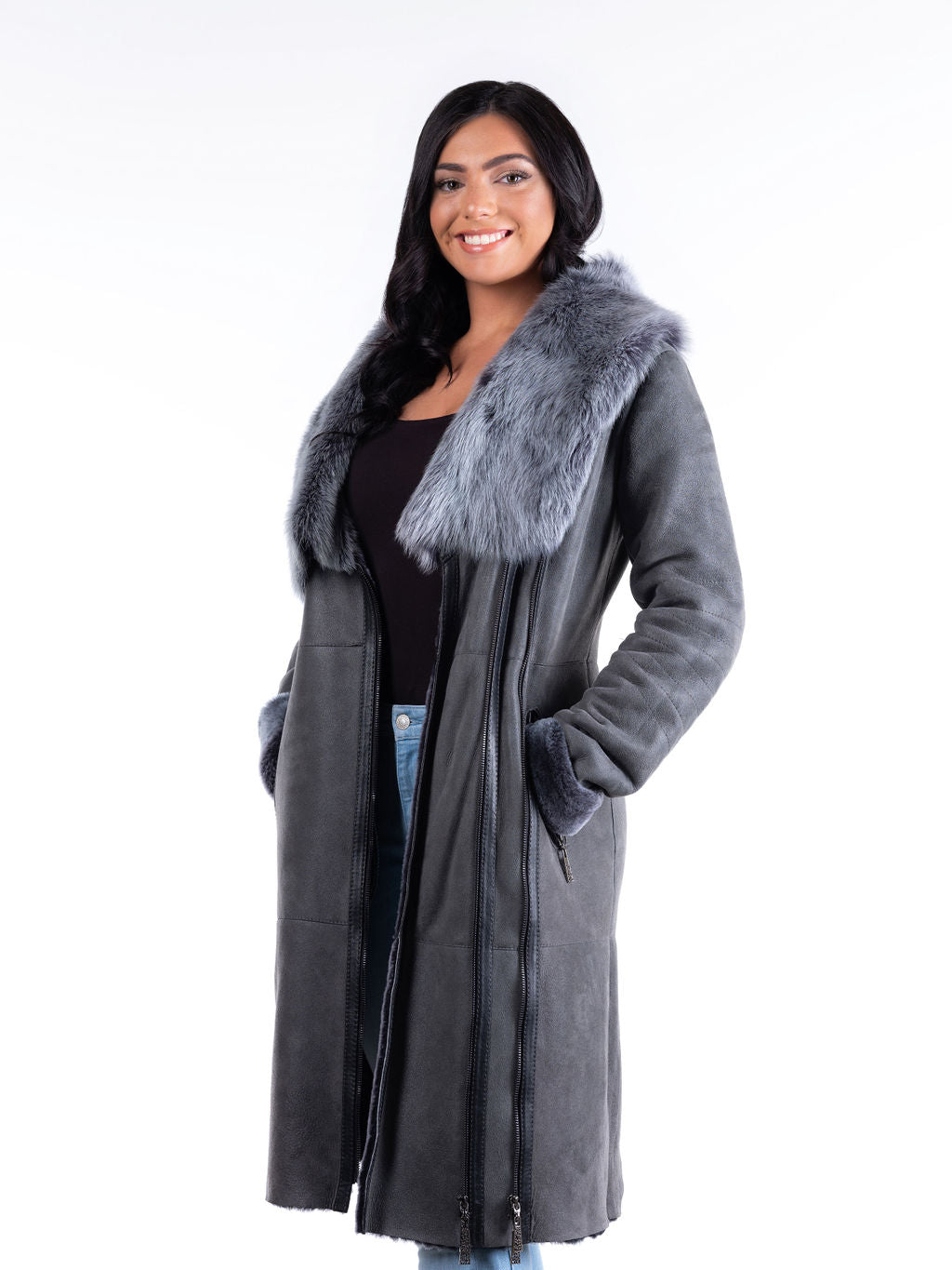 Lena Hooded Sheepskin Coat in Grey