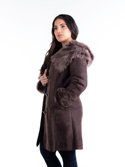 Wiktoria Hooded Sheepskin Coat--Brown (only 1 left in size 6-8 US)