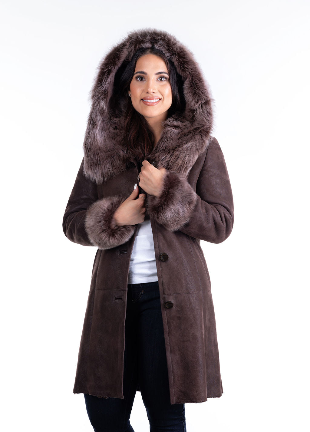 Wiktoria Hooded Sheepskin Coat--Brown (only 1 left in size 6-8 US)