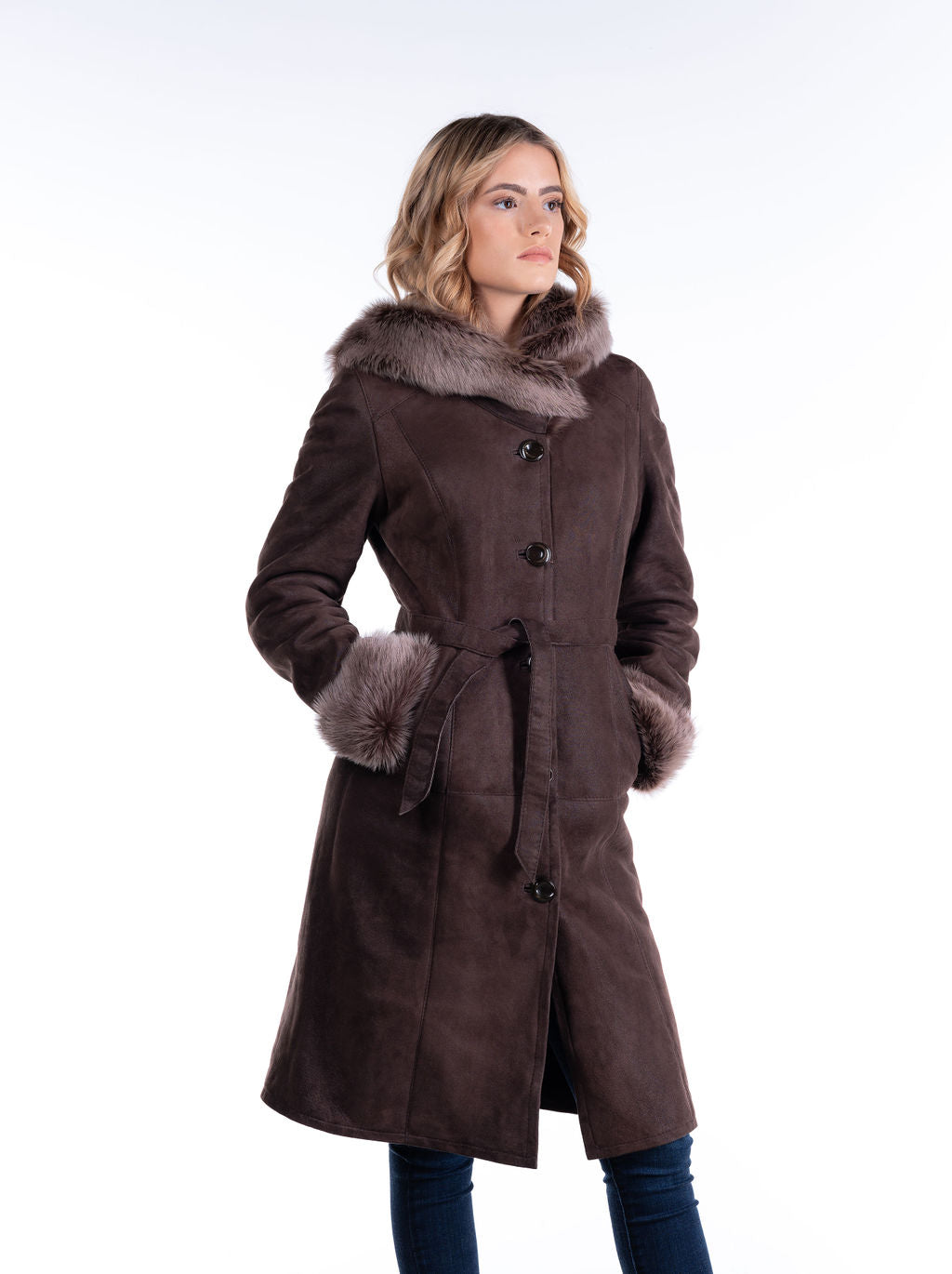 Ewka Hooded Sheepskin Coat in Dark Brown