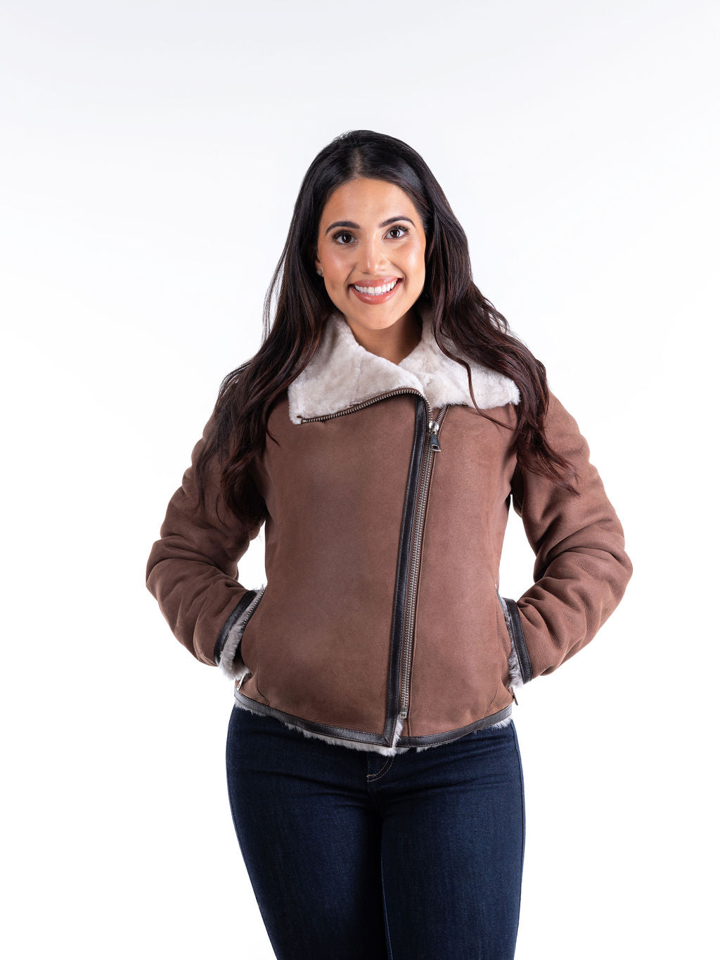 Lola Sheepskin Bomber Jacket in Brown with White Trim