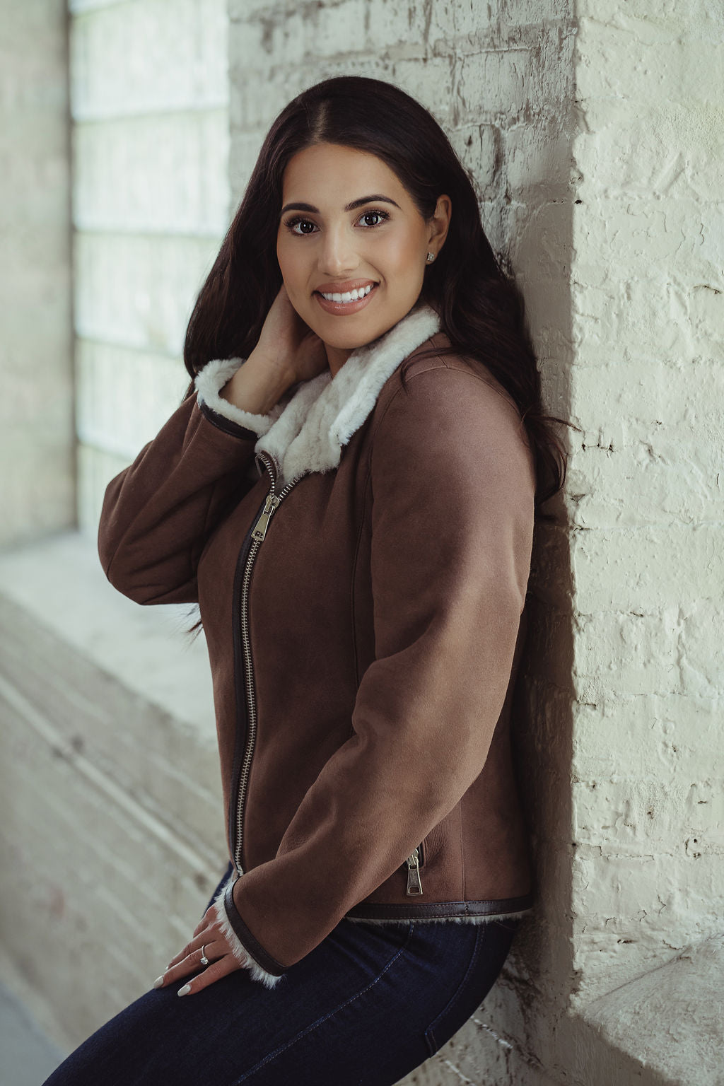 Lola Sheepskin Bomber Jacket in Brown with White Trim