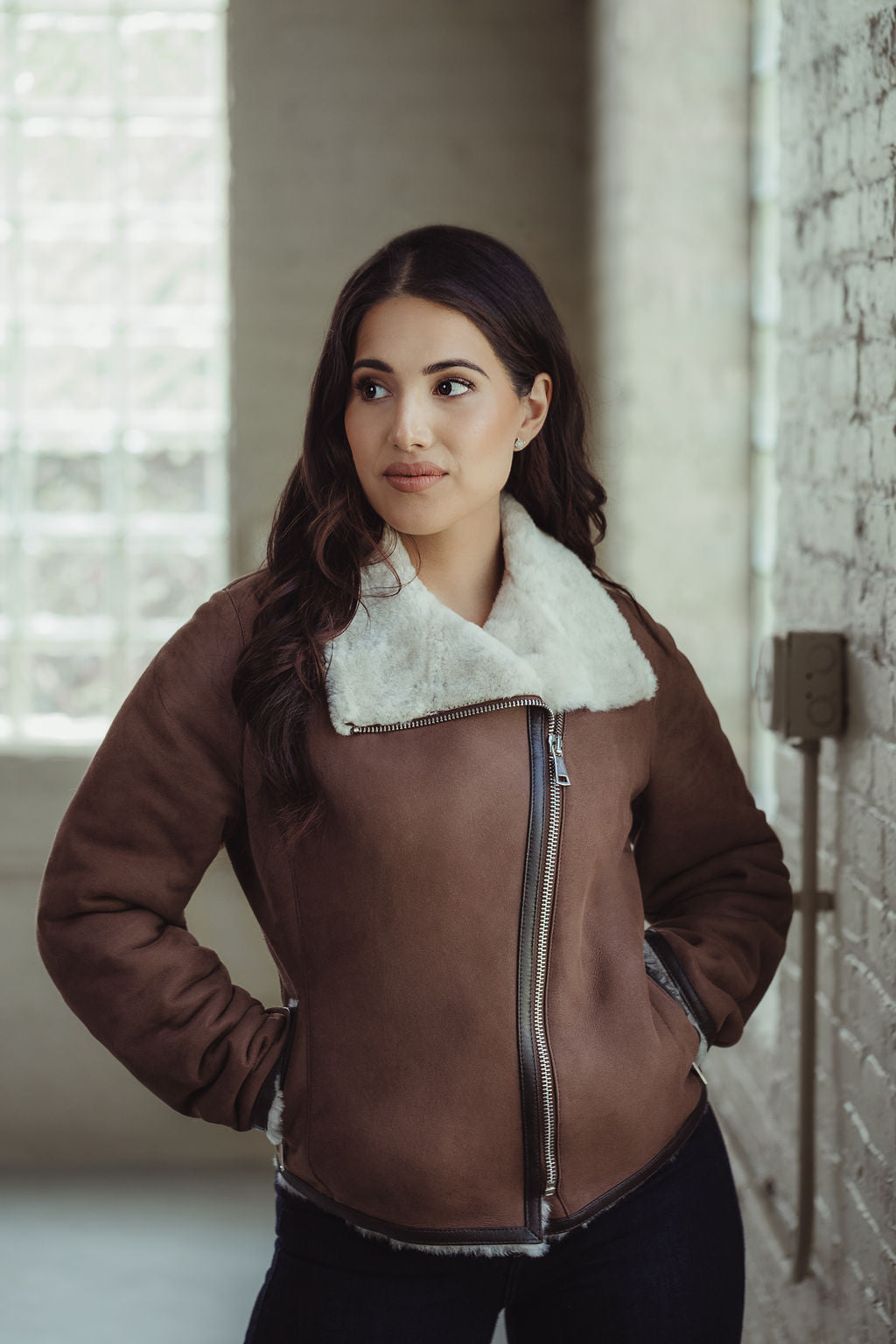 Lola Sheepskin Bomber Jacket in Brown with White Trim