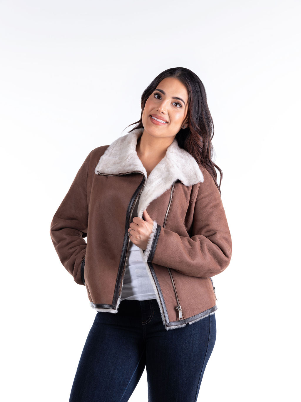 Lola Sheepskin Bomber Jacket in Brown with White Trim