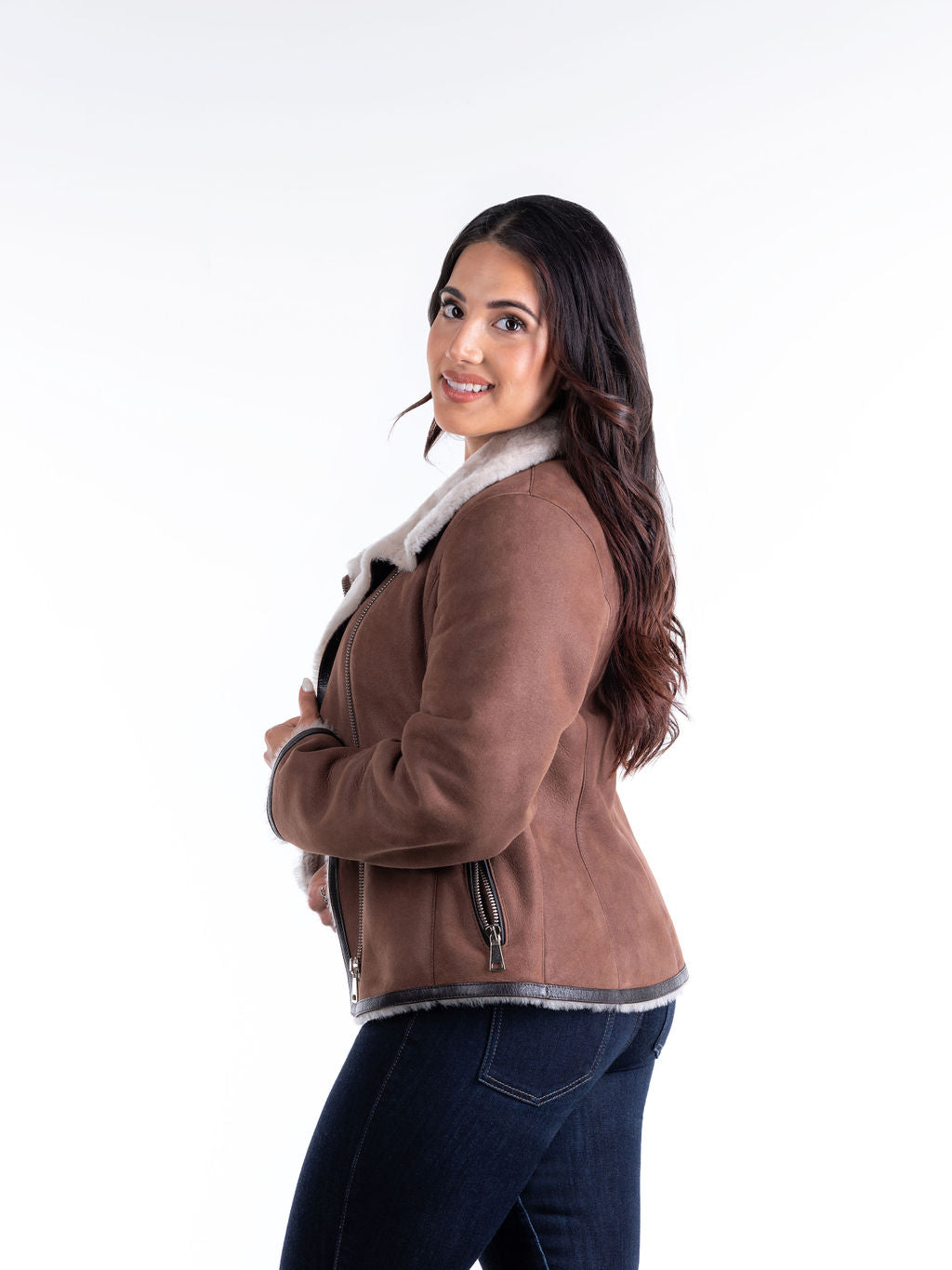 Lola Sheepskin Bomber Jacket in Brown with White Trim