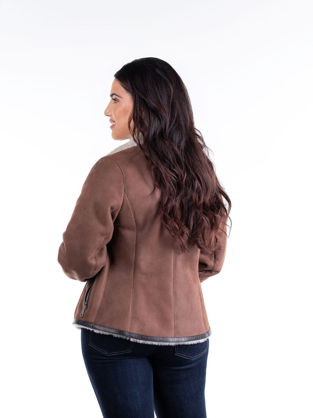 Lola Sheepskin Bomber Jacket in Brown with White Trim