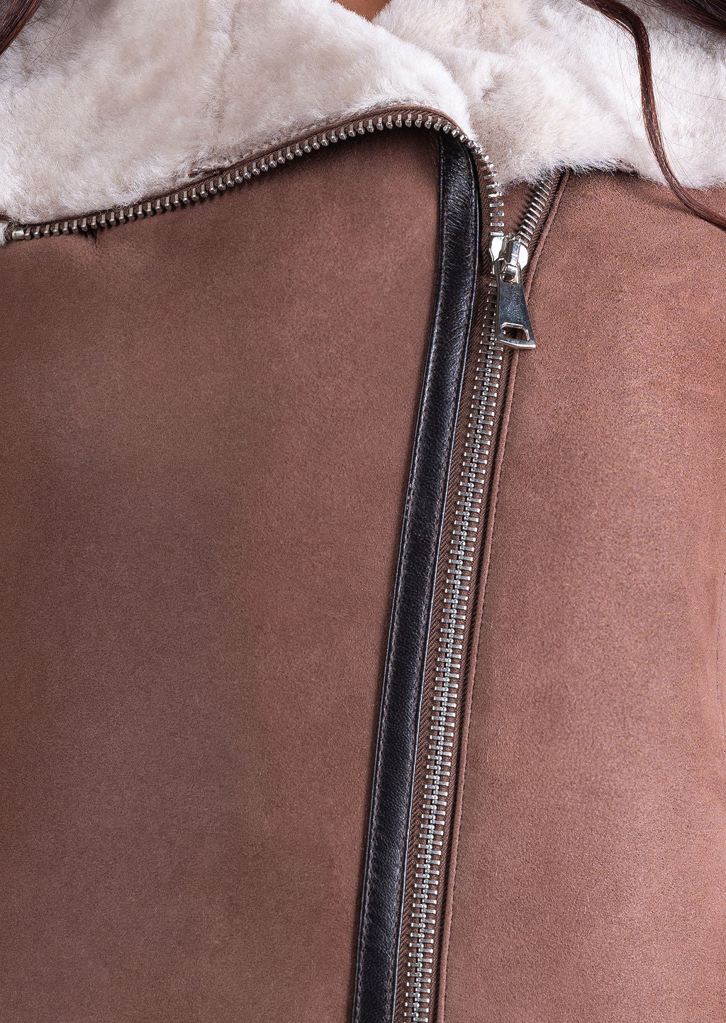 Lola Sheepskin Bomber Jacket in Brown with White Trim