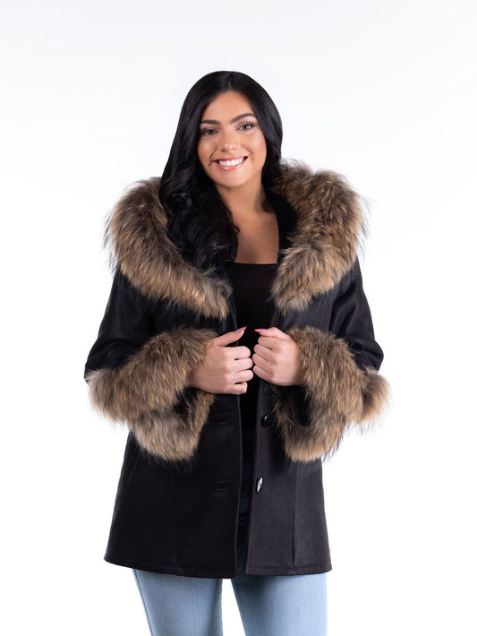 Renata Hooded Sheepskin Coat in Black