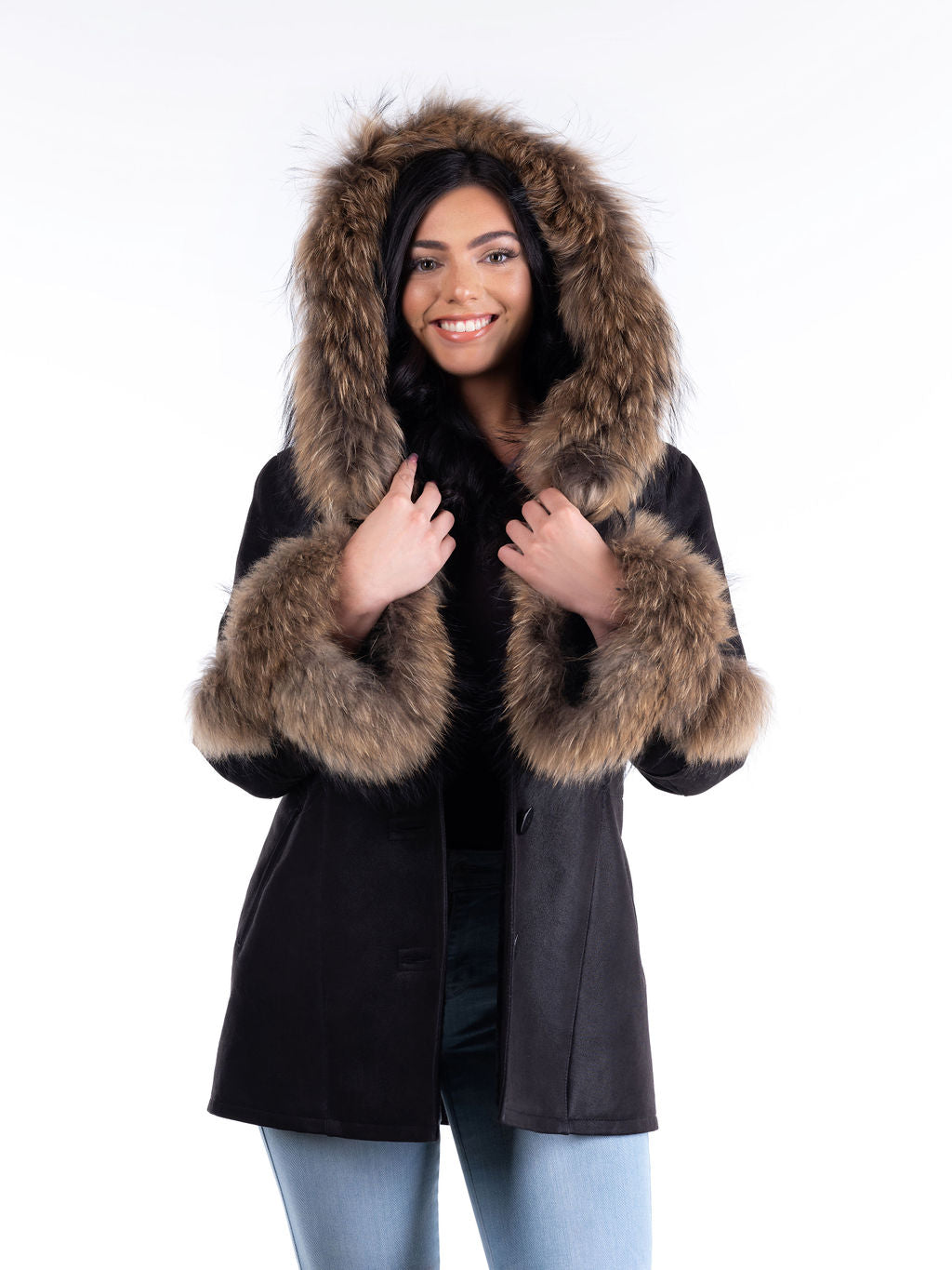 Renata Hooded Sheepskin Coat in Black