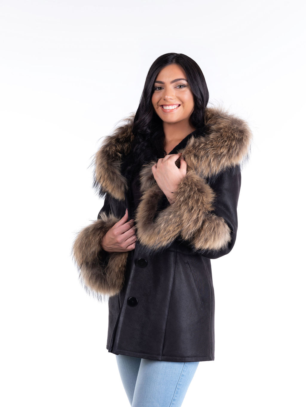 Renata Hooded Sheepskin Coat in Black