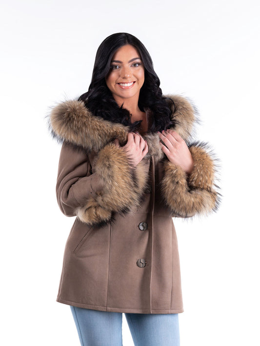 Renata Hooded Sheepskin Coat in Light Brown (only 1 left--US 10-12 size)