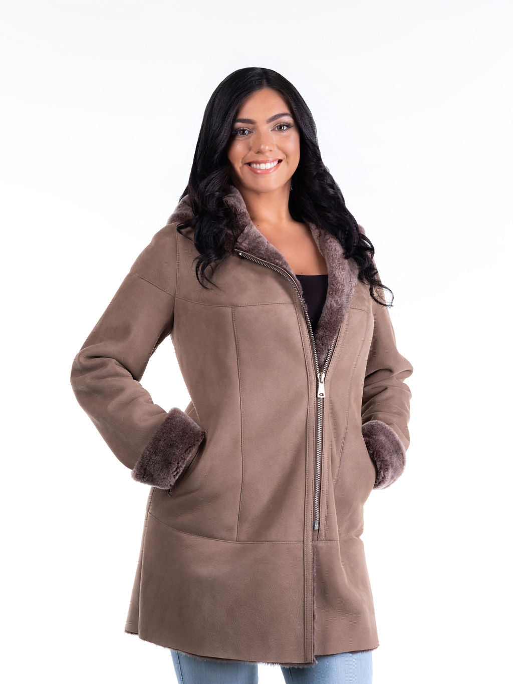 Sara Hooded Sheepskin Coat in Light Brown
