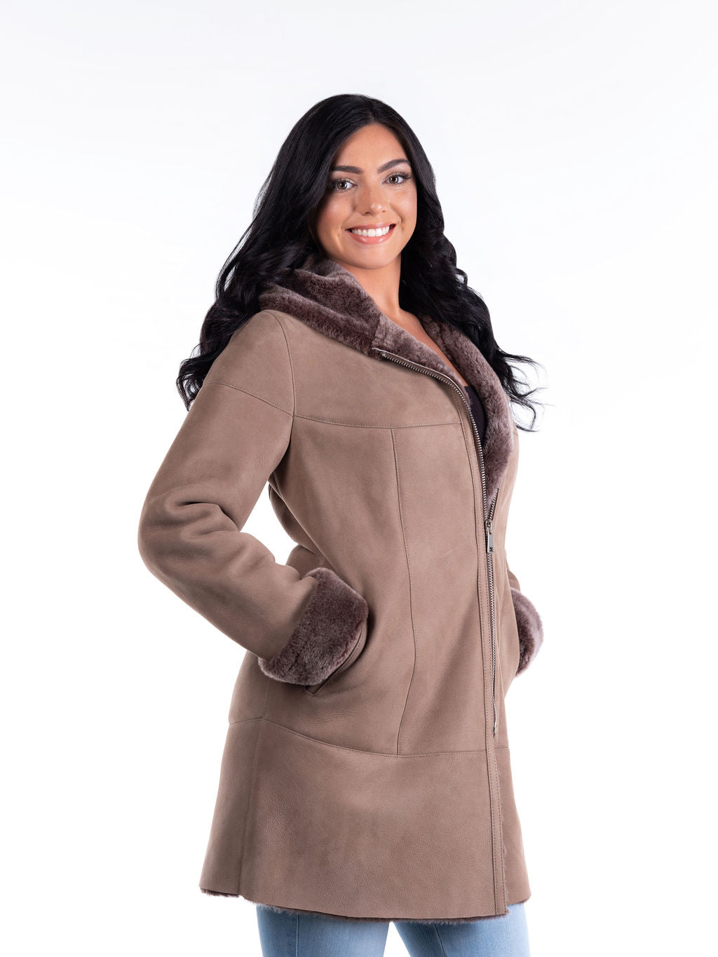Sara Hooded Sheepskin Coat in Light Brown