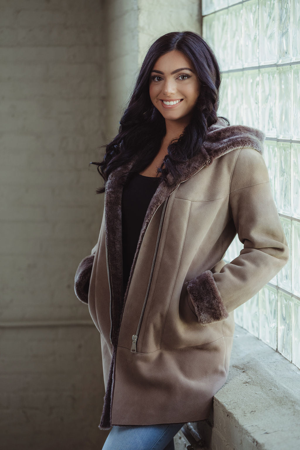 Sara Hooded Sheepskin Coat in Light Brown