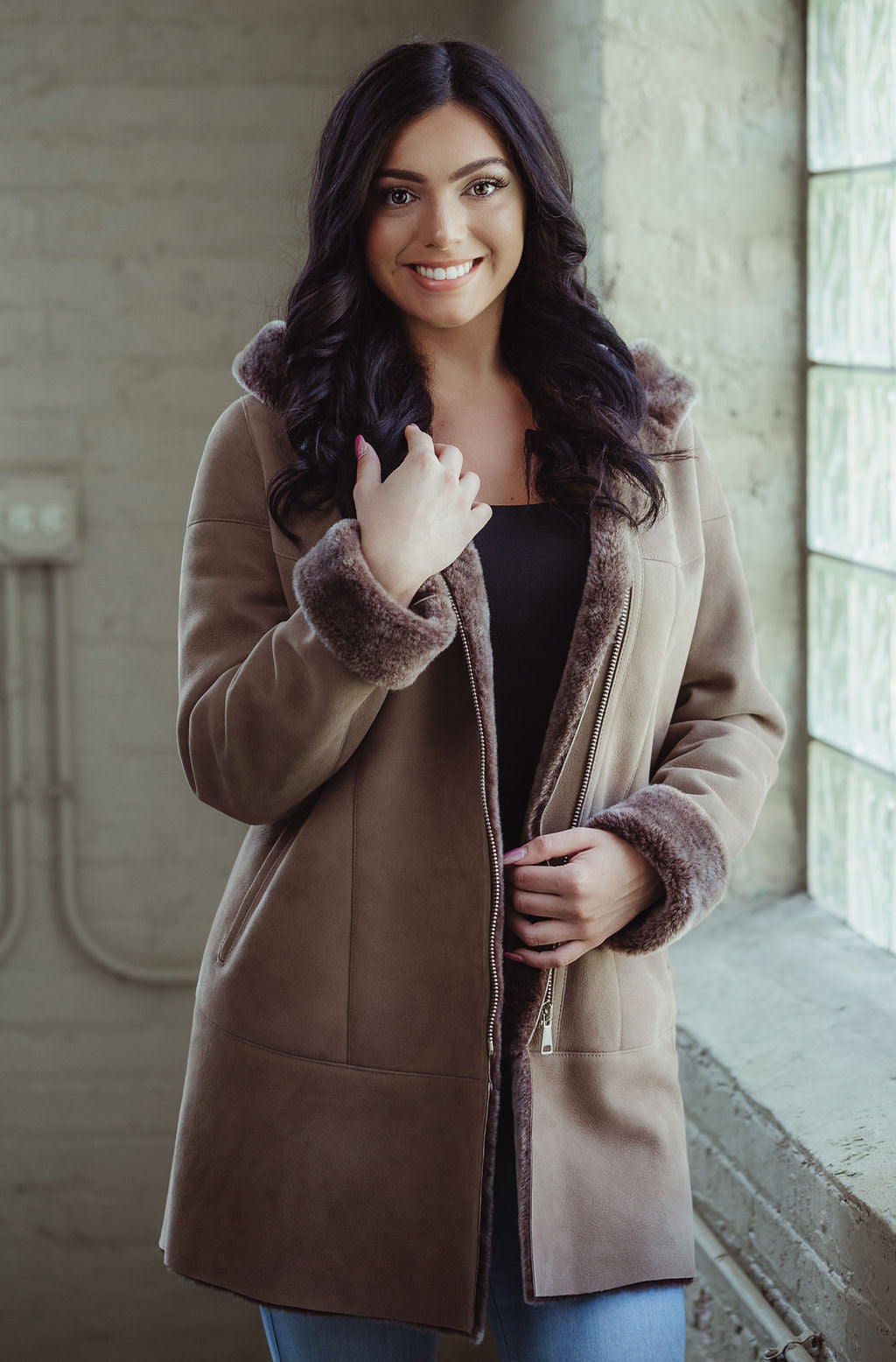 Sara Hooded Sheepskin Coat in Light Brown