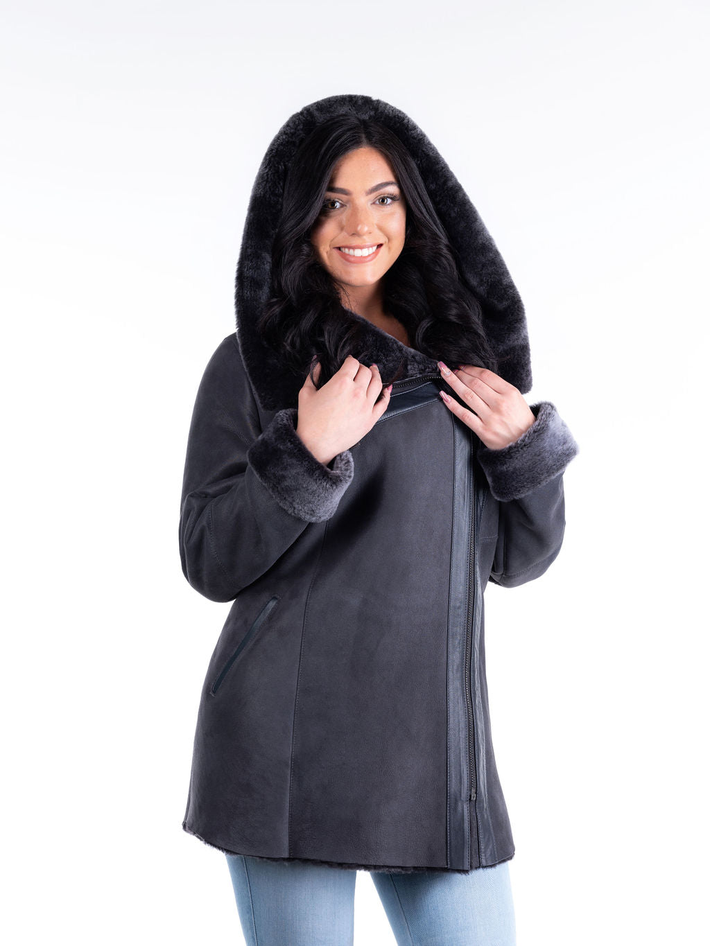 Veronica Hooded Sheepskin Coat in Grey (only 1 left in US size 12-14)