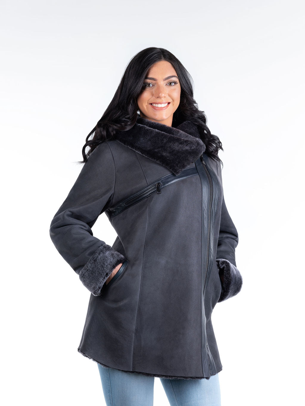 Veronica Hooded Sheepskin Coat in Grey (only 1 left in US size 12-14)