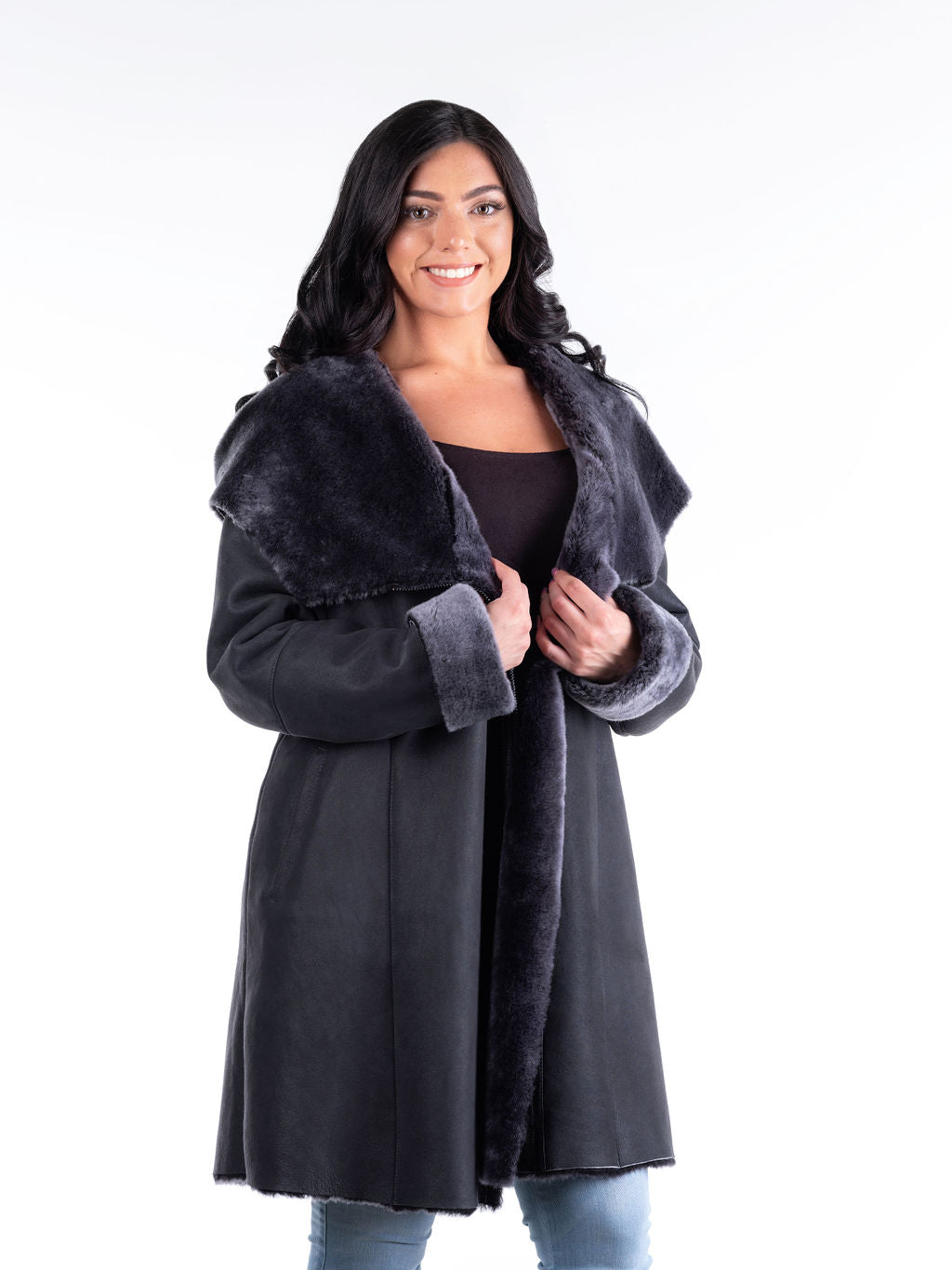 Dorota Hooded Sheepskin Coat in Grey