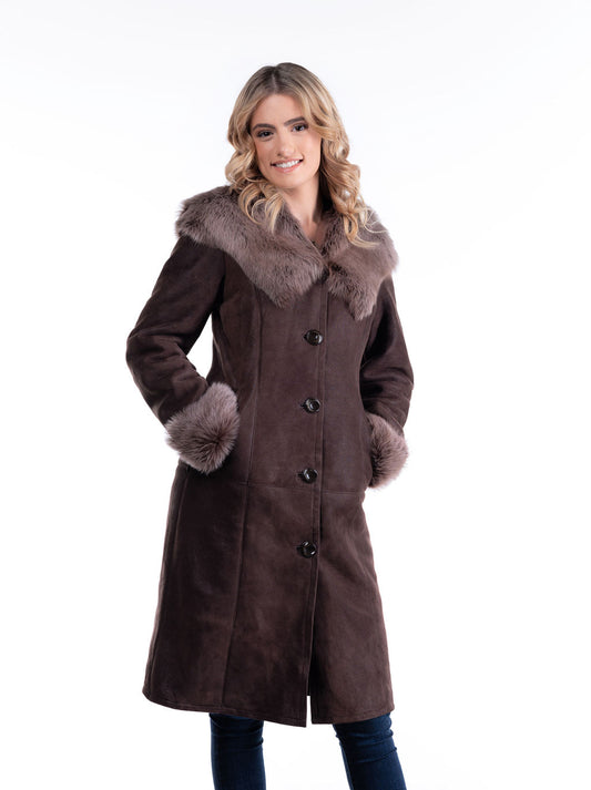 Ewka Hooded Sheepskin Coat in Dark Brown