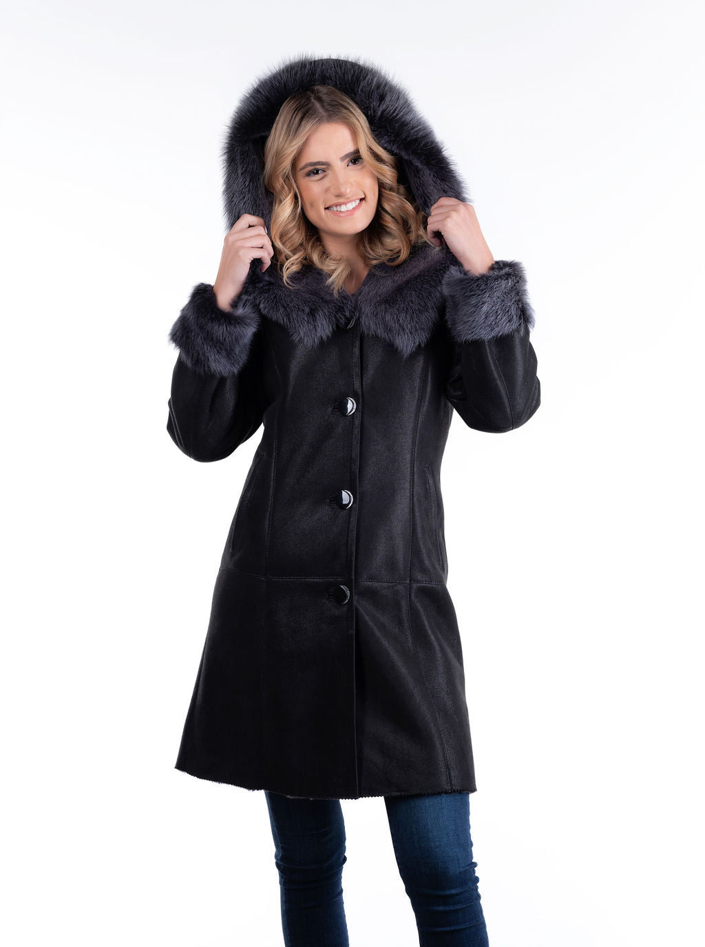 Wiktoria Hooded Sheepskin Coat, Black (only 1 left in US size 4-6)