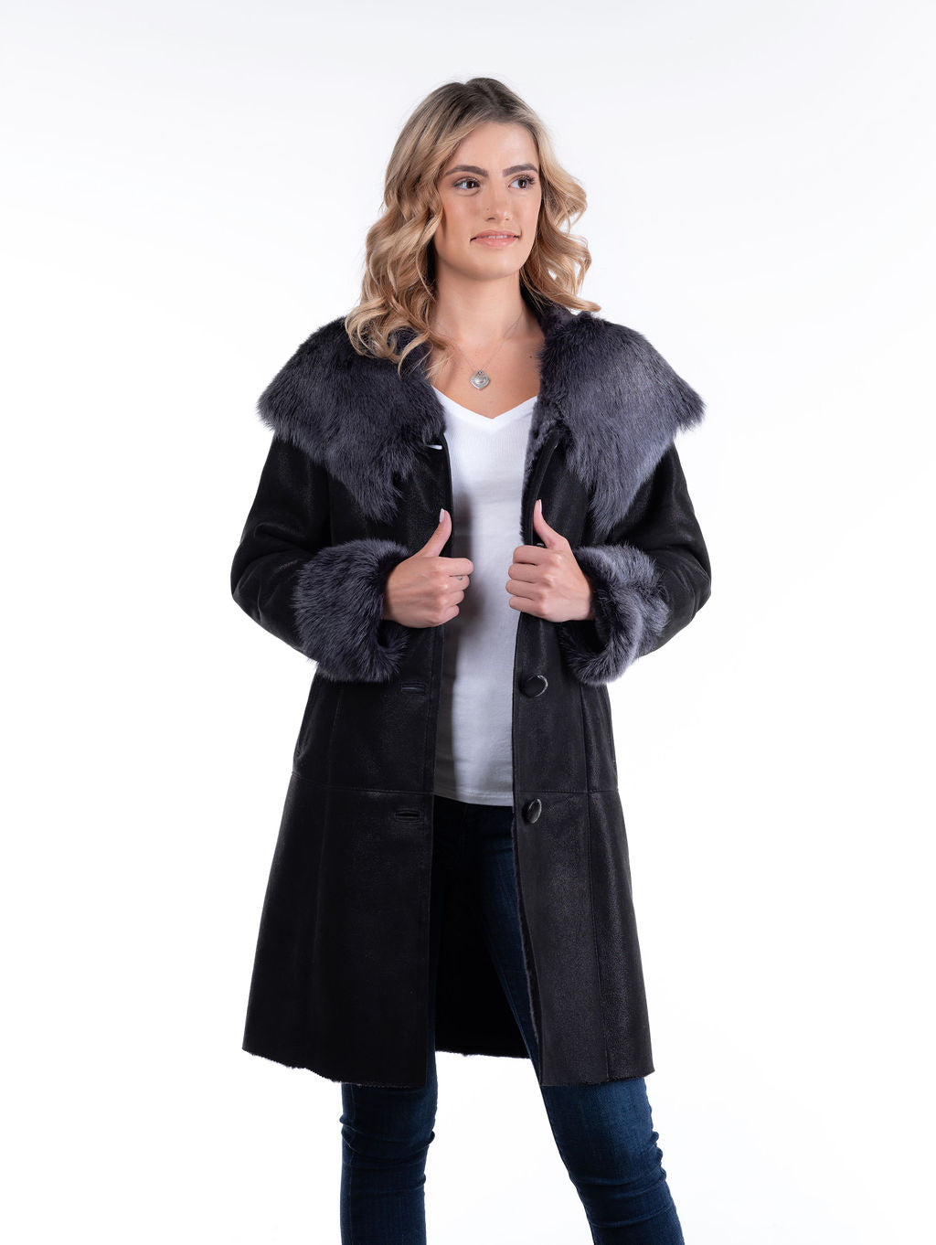 Wiktoria Hooded Sheepskin Coat, Black (only 1 left in US size 4-6)