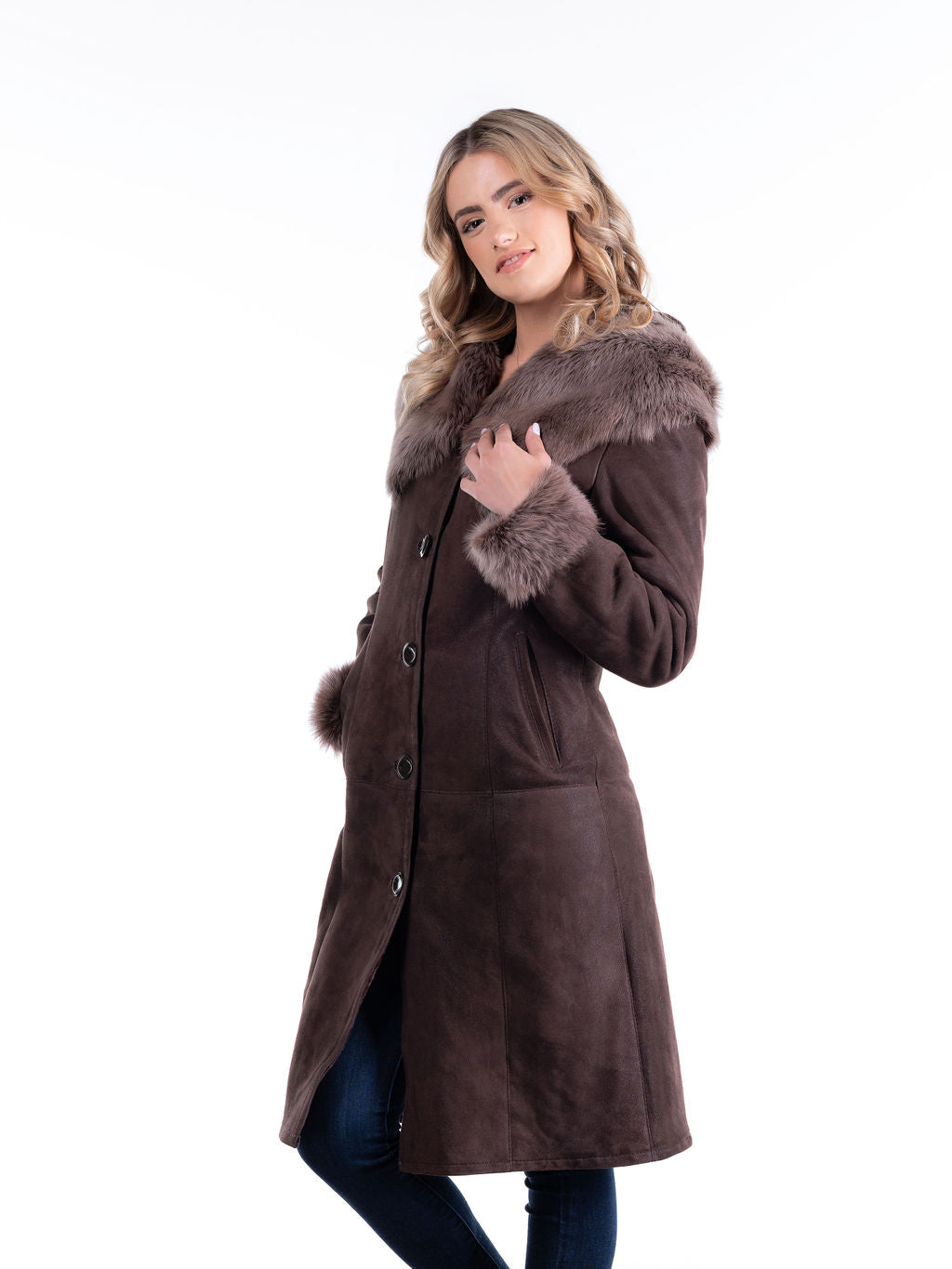Ewka Hooded Sheepskin Coat in Dark Brown