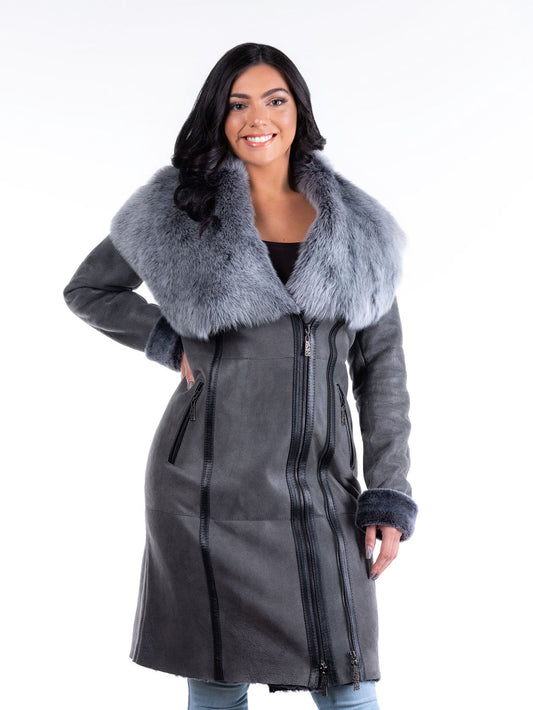 Lena Hooded Sheepskin Coat in Grey