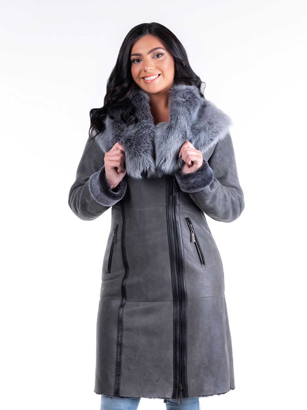 Lena Hooded Sheepskin Coat in Grey