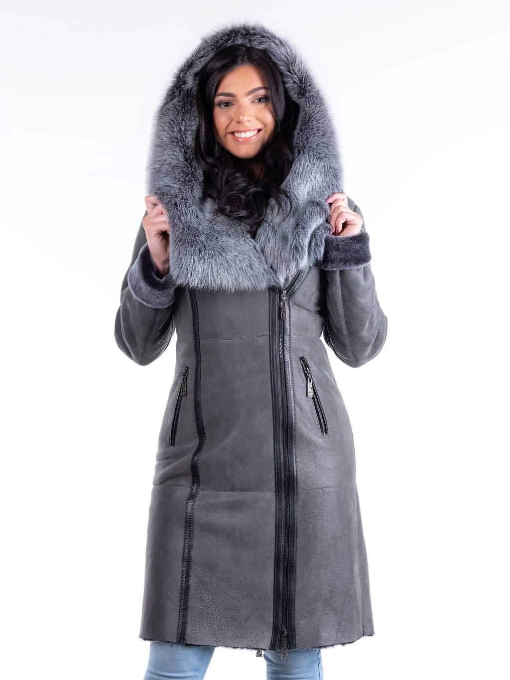 Lena Hooded Sheepskin Coat in Grey