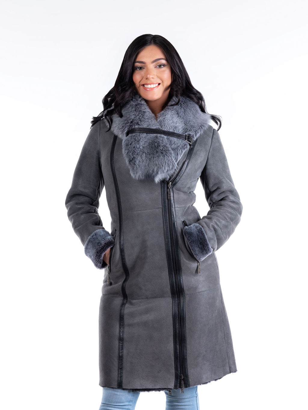 Lena Hooded Sheepskin Coat in Grey
