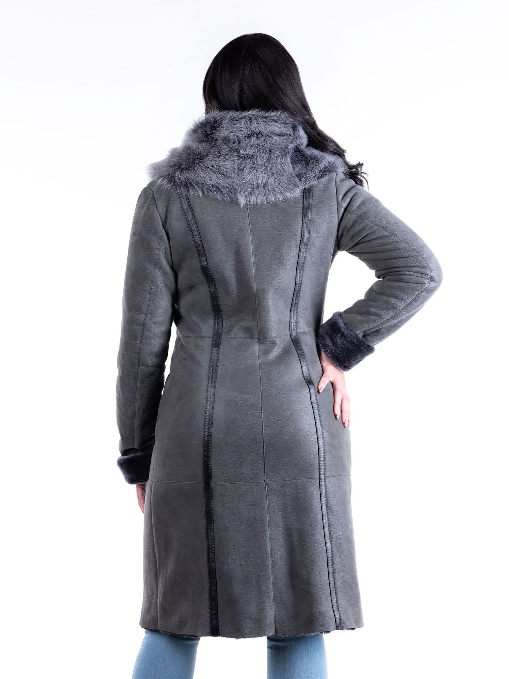 Lena Hooded Sheepskin Coat in Grey