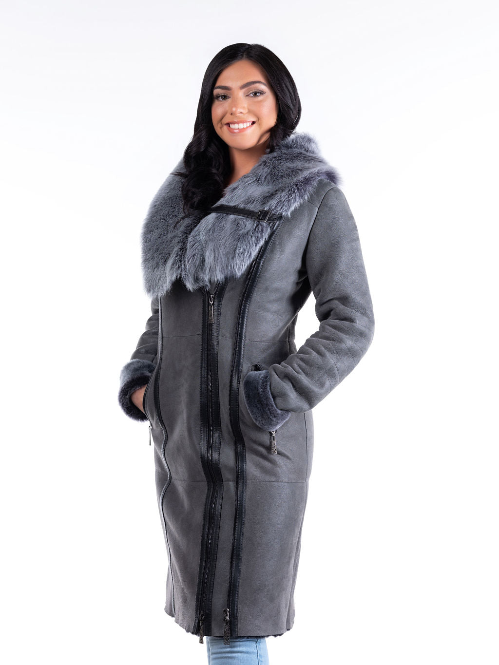 Lena Hooded Sheepskin Coat in Grey