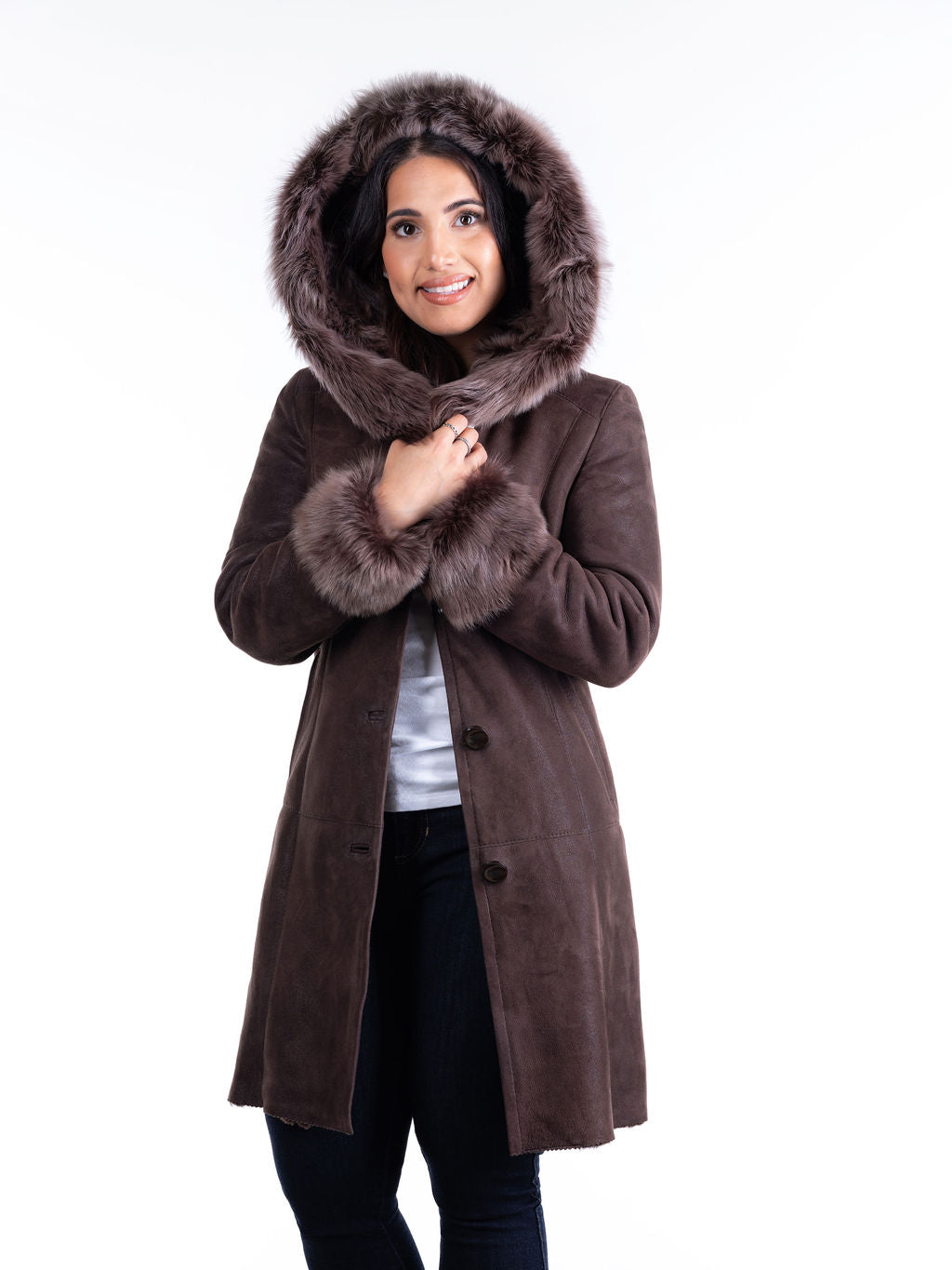 Wiktoria Hooded Sheepskin Coat--Brown (only 1 left in size 6-8 US)