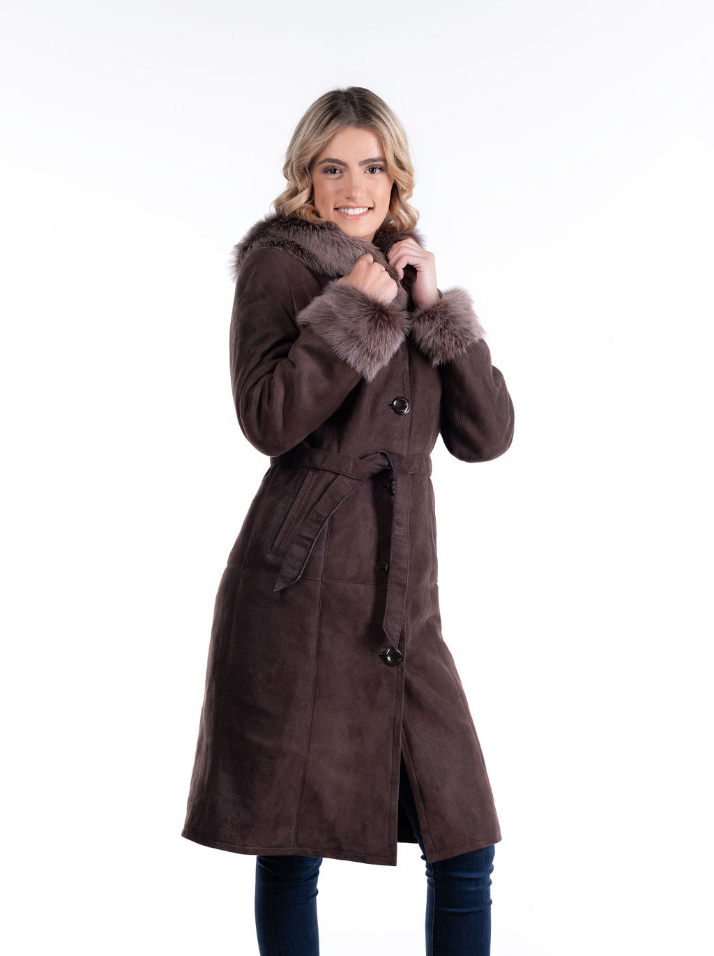 Ewka Hooded Sheepskin Coat in Dark Brown