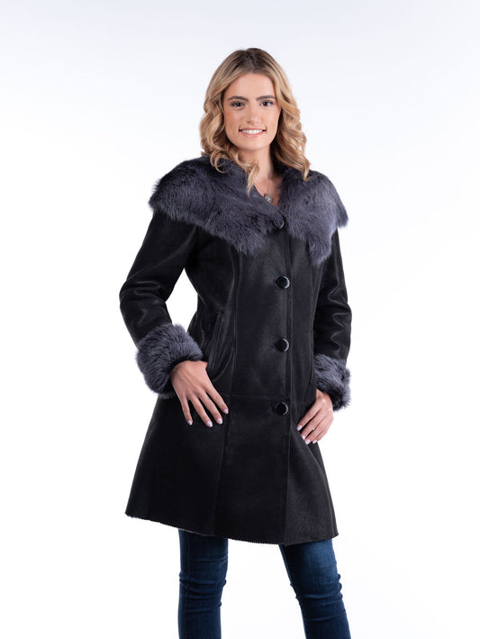 Wiktoria Hooded Sheepskin Coat, Black (only 1 left in US size 4-6)