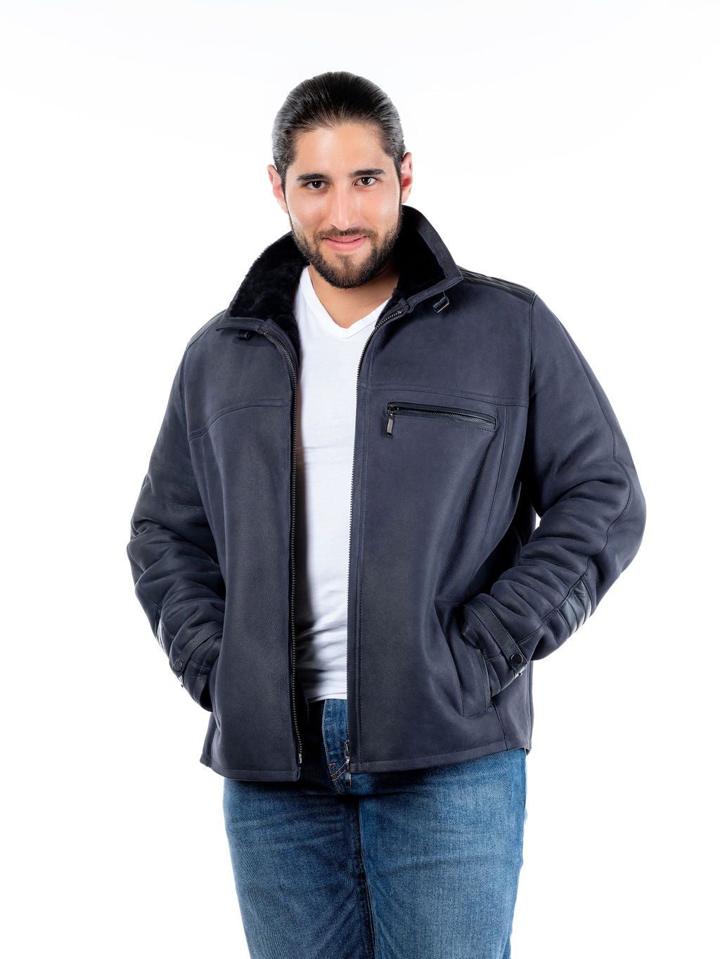 Leon Sheepskin Bomber Jacket in Navy