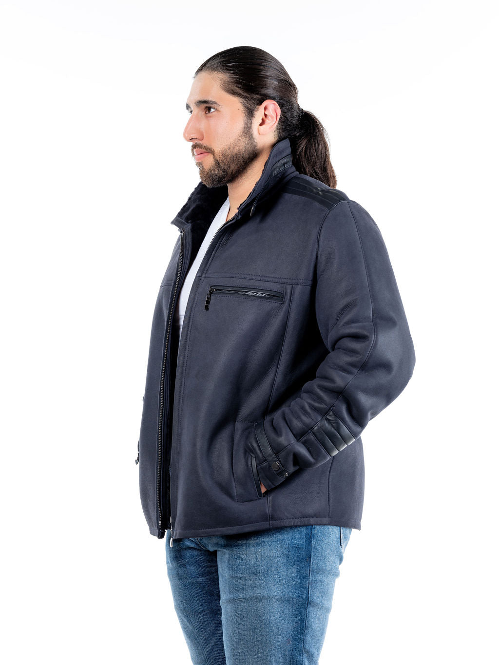 Leon Sheepskin Bomber Jacket in Navy