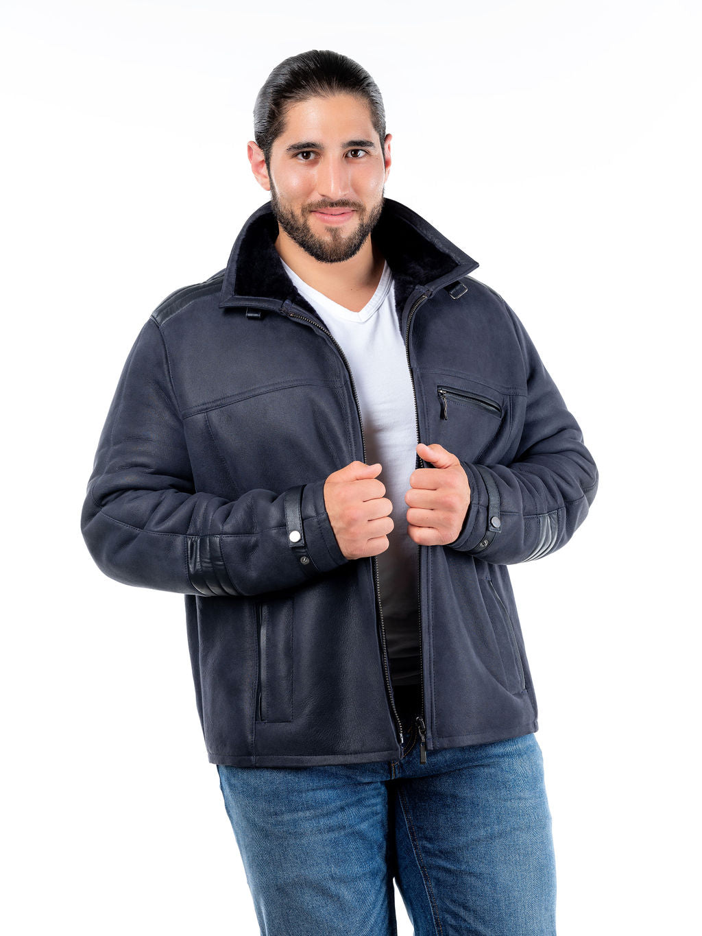 Leon Sheepskin Bomber Jacket in Navy
