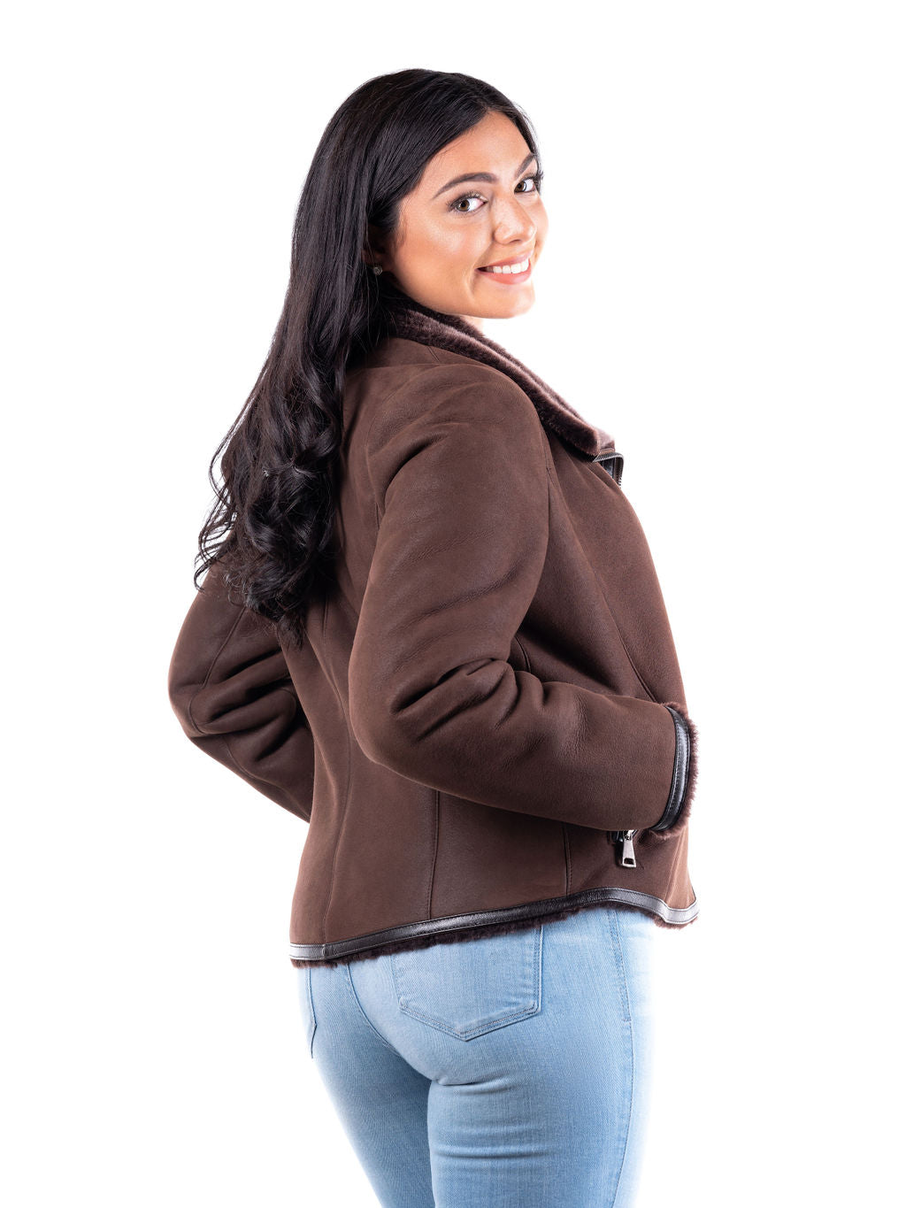 Lola Sheepskin Bomber Jacket in Chocolate Brown with Brown Trim (only one left--size 4-6 US)