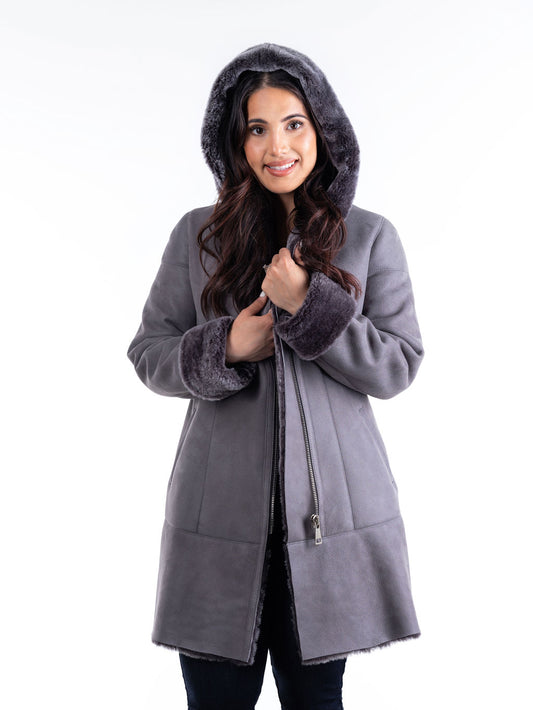 Sara Hooded Sheepskin Coat in Grey