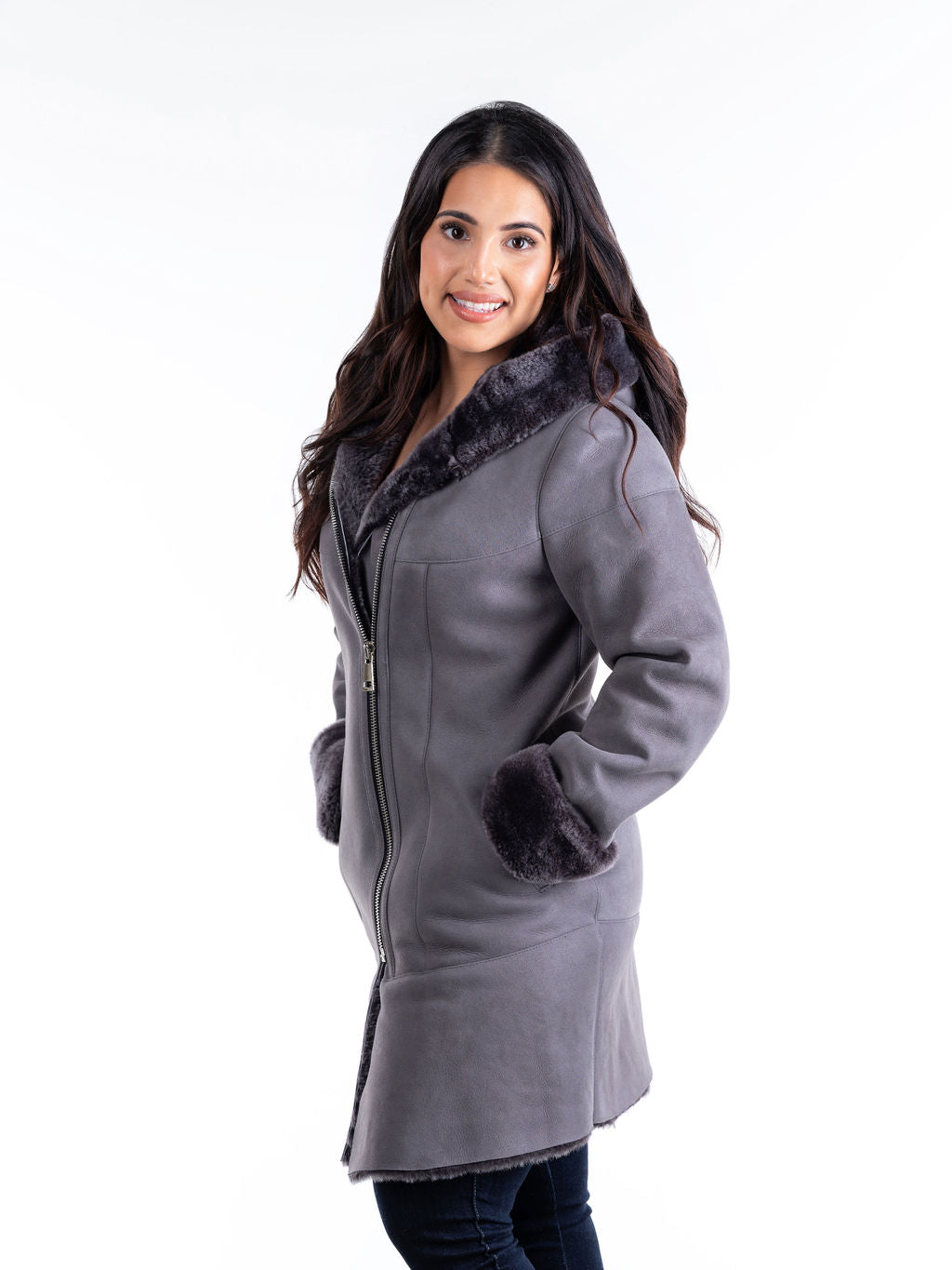 Sara Hooded Sheepskin Coat in Grey