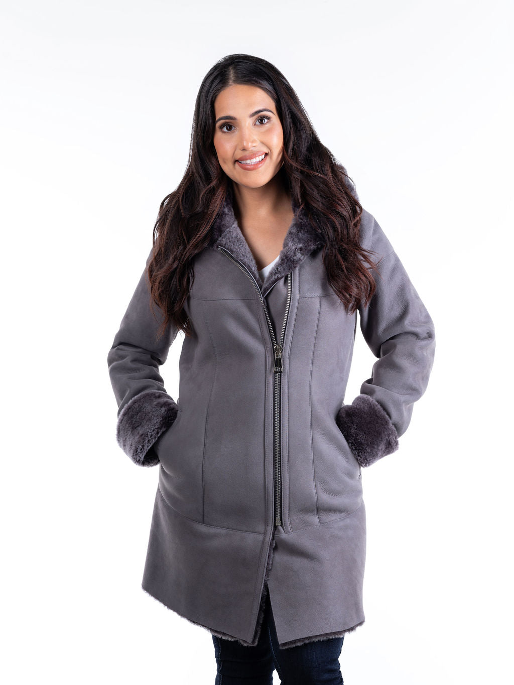 Sara Hooded Sheepskin Coat in Grey