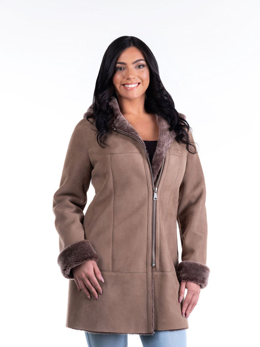Sara Hooded Sheepskin Coat in Light Brown