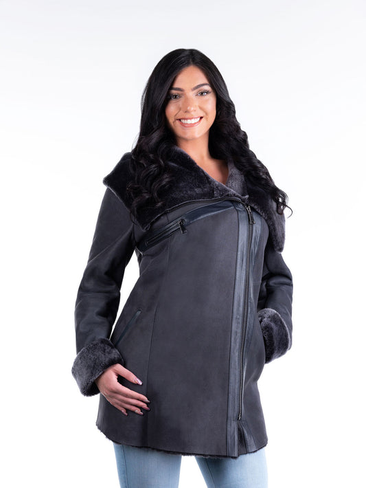 Veronica Hooded Sheepskin Coat in Grey (only 1 left in US size 12-14)