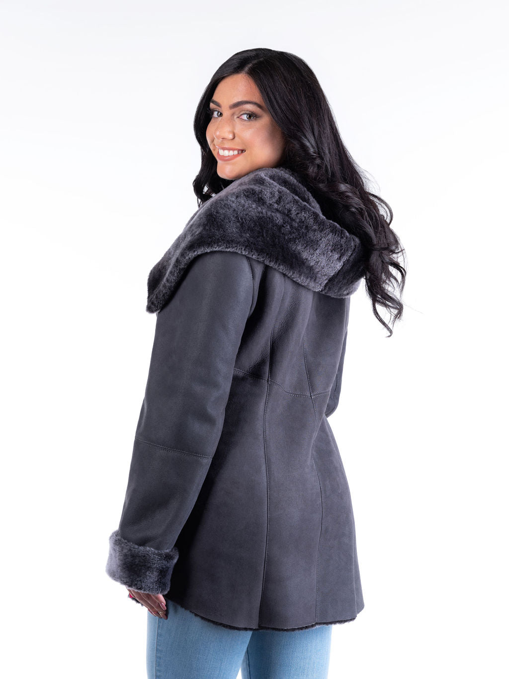 Veronica Hooded Sheepskin Coat in Grey (only 1 left in US size 12-14)
